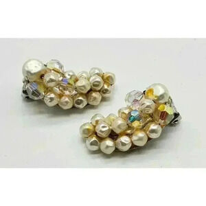 Vintage Clip Earrings Faux Baroque Pearl and AB Faceted Glass Bead Long Hugger